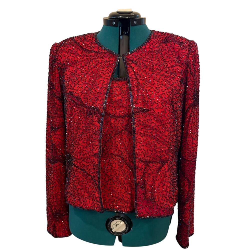 Andretta Donatello Women’s XL Red Hand Beaded Silk Jacket & Tank Top Set Formal